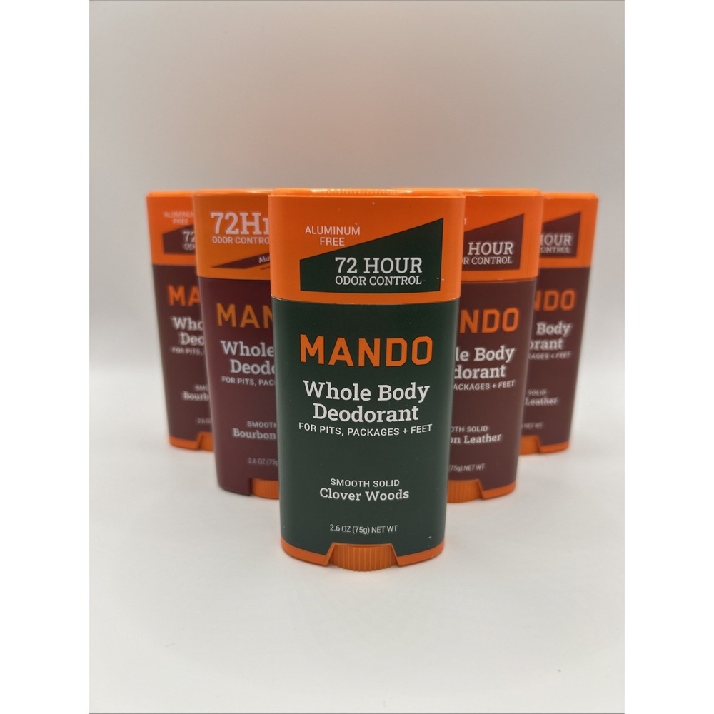 6 Lot Mando Whole Body Deodorant 5x Bourbon Leather Scent 2.6 Oz 1x Clover Woods